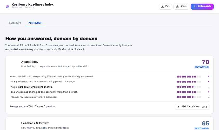 RRI full report — domain-by-domain response breakdown